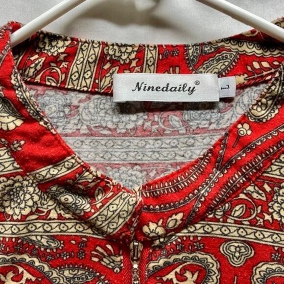 Ninedaily 3/4 Sleeve Blouse Women's Large Red Tan Paisley 1/2 Zip Casual Tunic - Picture 3 of 6